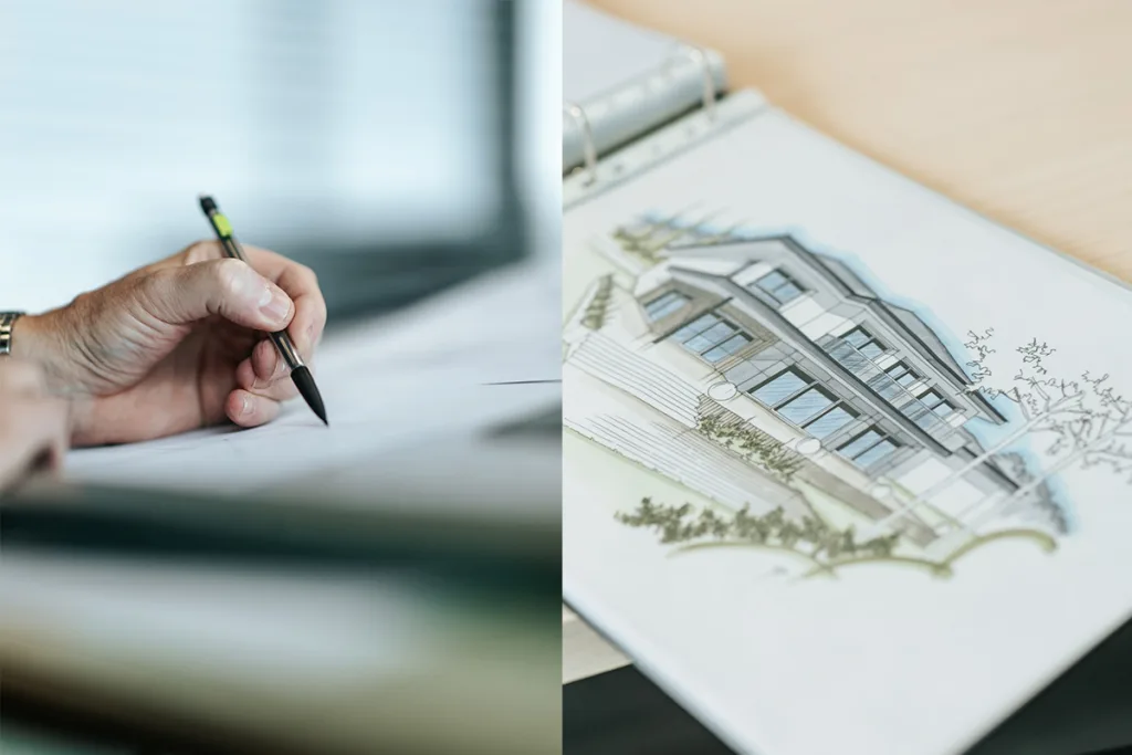 Croquis d'architecte et perspective d'un programme Maisons Alain Metral